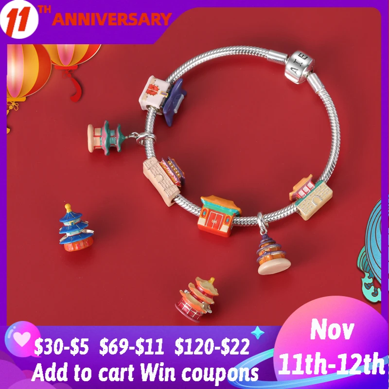 

925 Sterling Silver Enamel Famous Ancient Buildings Blessing Palace Temple Tower Bead pendants Castle Charm for Bracelet Jewelry