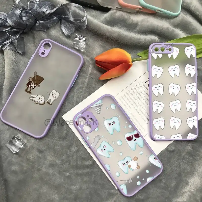 

Dentist Tooth Pattern Phone Case For IPhone 7 8 Plus Xr X Xs 11 12 Pro Max Purple Matte Translucent Cover