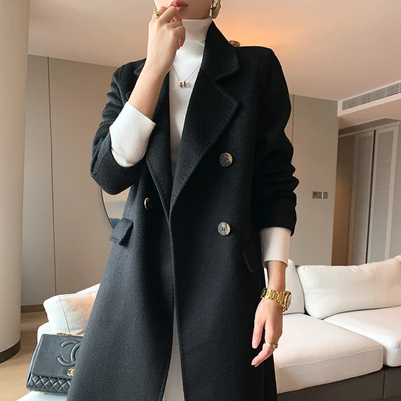 Верхний кашемировый пальто женское двубортное на водяном ряби 100% чистое средней длины.