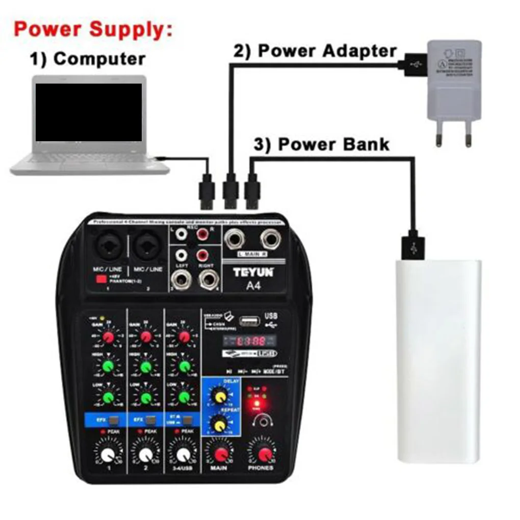 

4 Channels Audio Mixer Sound Mixing Console Bluetooth Record Stage Meeting Live Broadcast Suppplies EU/US Plug