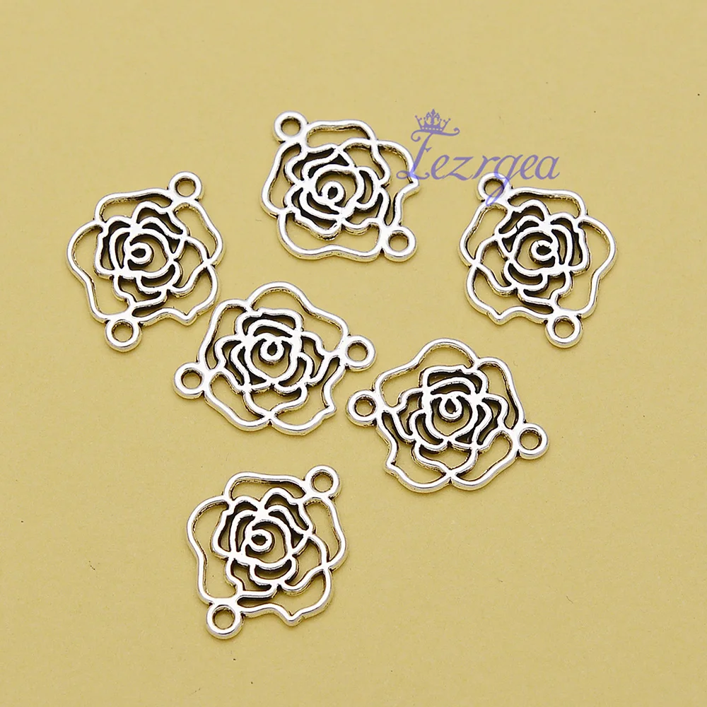 

60pcs/Lots 14x17mm Antique Silver Plated Rose Flower Connector Hollow Charms For Handmade Making DIY Tibetan Findings Jewelry