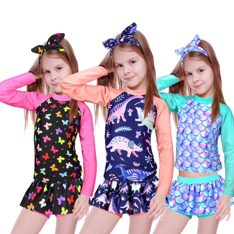 

Swimwear Girls dinosaur print Sun Protection Rash Guard Set Kids Girls 2~8 Year Beachwear Long Sleeve Swimsuit Bathing Suits kid