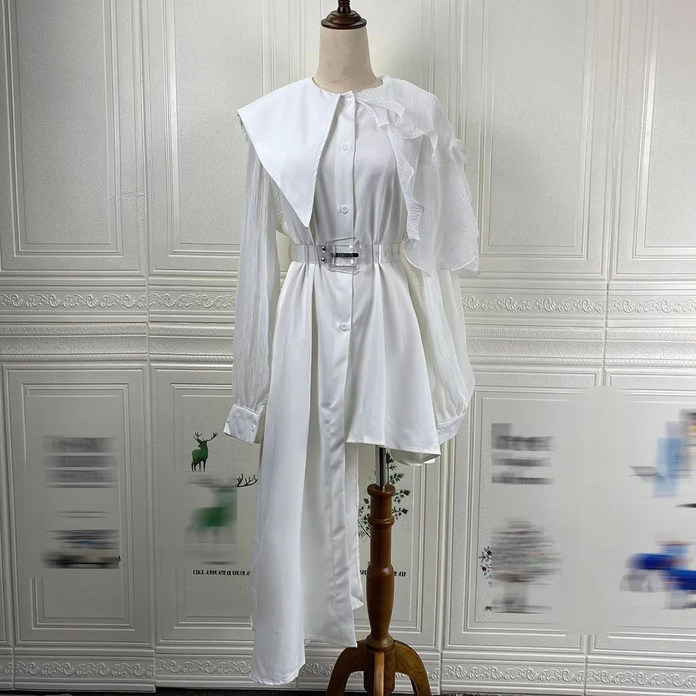

Europe America African Irregular Solid Color Splicing Oversize Long Sleeve Ruffle Single-breasted Women's Dress 2021 Summer New