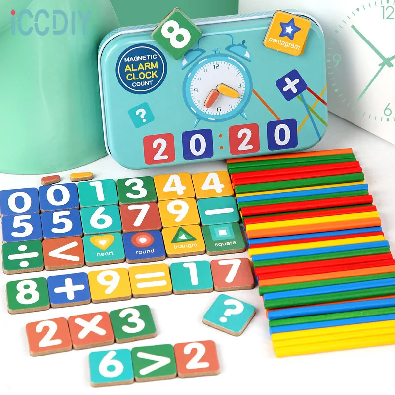 

Children's Wooden Iron Box Magnetic Math Clock Counting Stick Puzzle Toys Parent-child Interactive Baby Early Teaching Fun Games