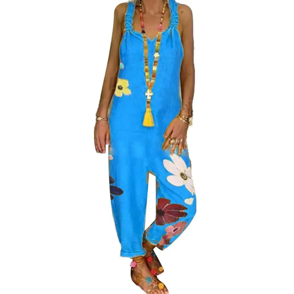 

5XLFashion Women Sleeveless Bib Overall Backless Floral Print Loose Jumpsuit Dungarees Fashion New Playsuits Bodysuit