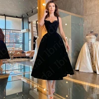 hot sale gorgeous black evening dresses tea length sleeveless wedding guest gowns lace sweetheart with straps a line 2021