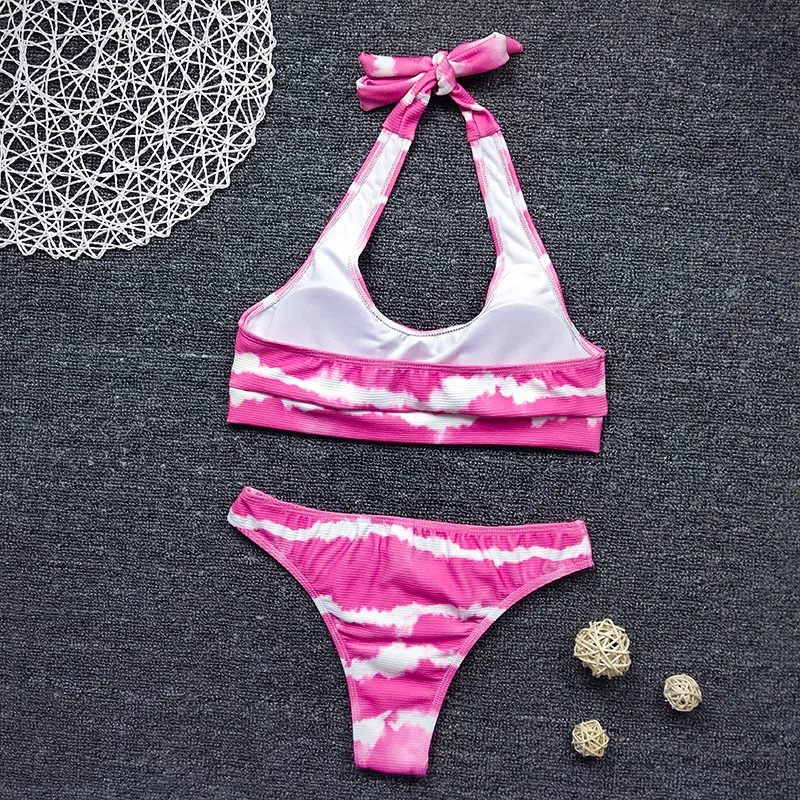 

Women's Halter Tie-dye Lace Up Sexy Bikini Set Two Piece Swimsuit Summer Female Beachwear Bathing Suit Swimwear Biquini Mujer