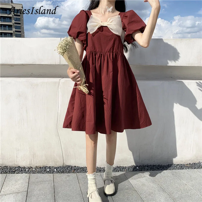 Red Midi dress Bow tie French Retro Casual Puff sleeve Sweet Office Party Summer women