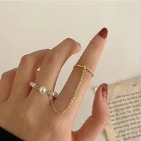 fashion pearl rings for women vintage two piece geometric creative wedding engagement adjustable chain ring girl gifts jewelry