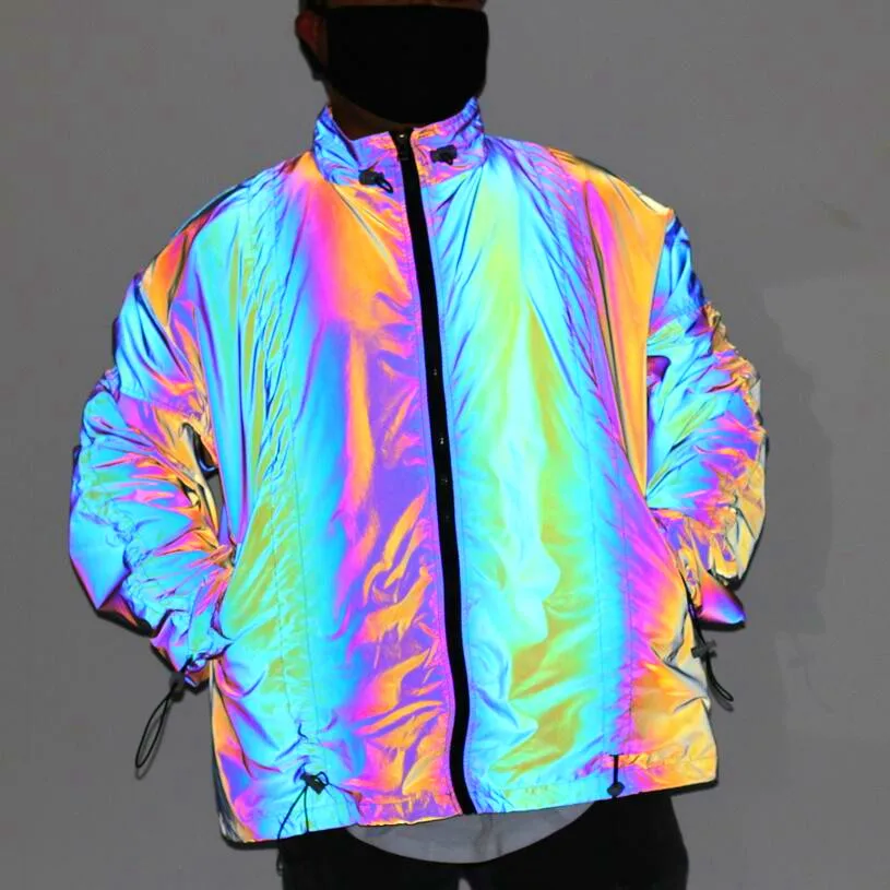 

Men rainbow reflective drawstring oversized jackets and coats mens fashion blue pleated windbreaker chaqueta hombre