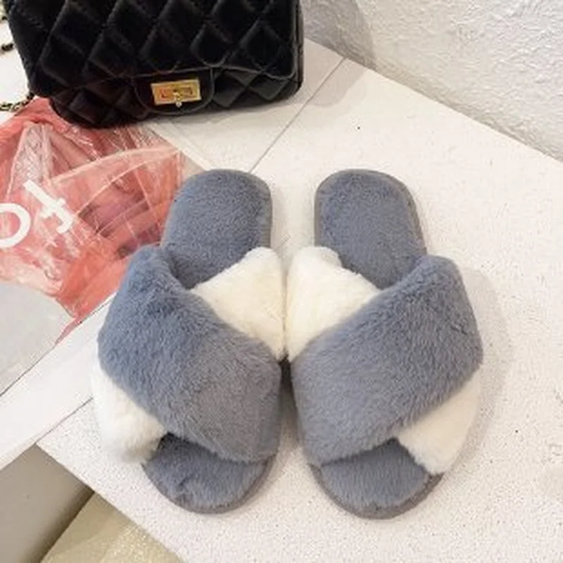 

Fashion Shoes Woman Slip on Flats Female Slides Furry Slippers 2021 Women's Flip Flops spring and autumn Women House Slippers
