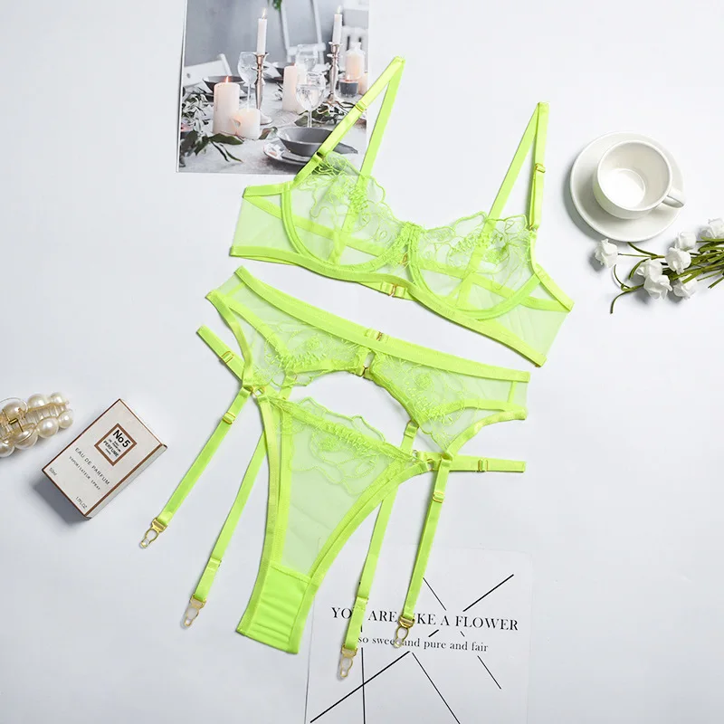 

Embroidery Mesh Stitching Lace Sexy Lingerie Erotic Bra With Underwire Panties Sling 3pcs Set Womens Perspective Underwear Suit