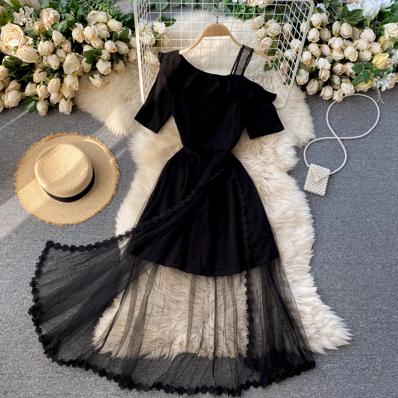 

Sexy Irregular Design Chic One Shoulder Strapless Dress Summer Women High Waist Long Vestidos Mesh Short sleeve Split Fork Robe