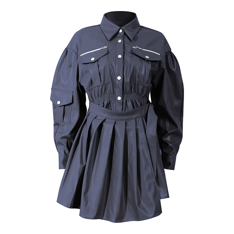 

Vintage Blue/khaki PU Leather Woman Dress 2020 Spring Autumn Elegant Pockets Draped Mini Dresses for Women Vestido De Mujer