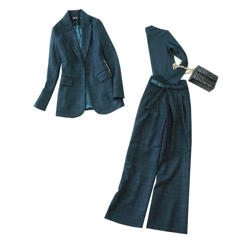 New Women Clothes Large Size Women's Green Slim Long Section Suit High Waist Wide Leg Pants Thick Three-piece |