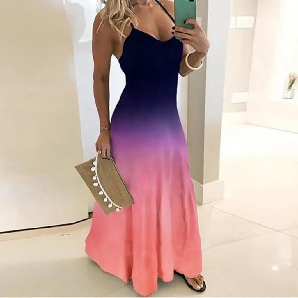 Женское длинное платье с О образным вырезом без рукавов крашеное градиентный