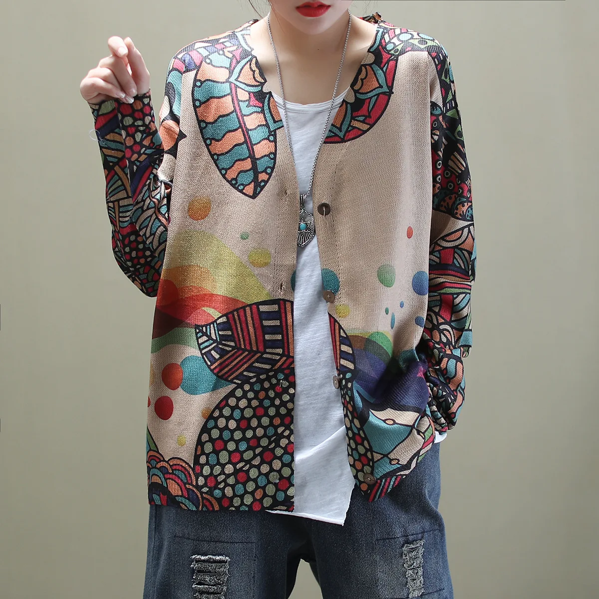 Женский свободный кардиган с принтом Повседневный свитер большого размера в