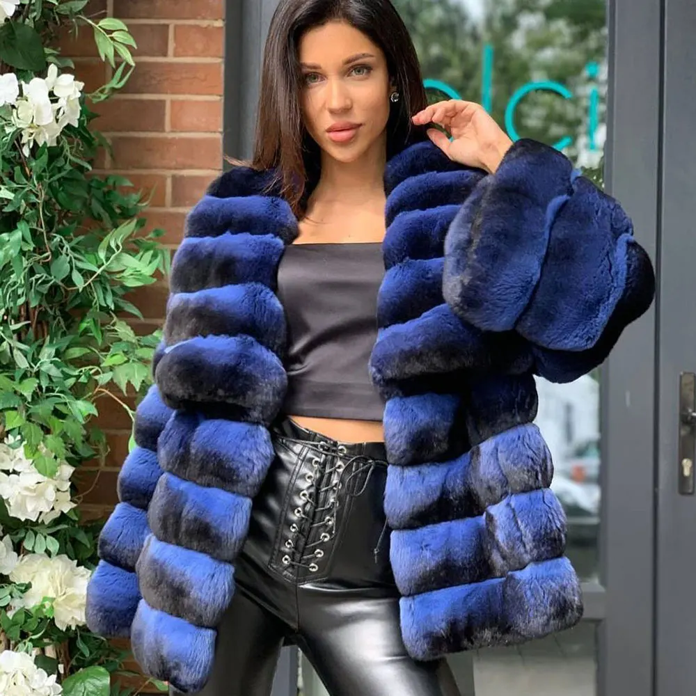 Women Fashion Real Rex Rabbit Fur Jacket with Big Lapel Collar Natural Woman Fur Overcoat Winter New Genuine Rabbit Fur Coats