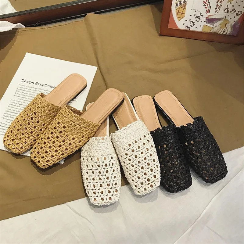 

Shoes Slippers Soft Slides Slipers Women Cover Toe Low Loafers Fretwork Heels Comfort 2021 Flat Basic Fabric Rubber Cane PU