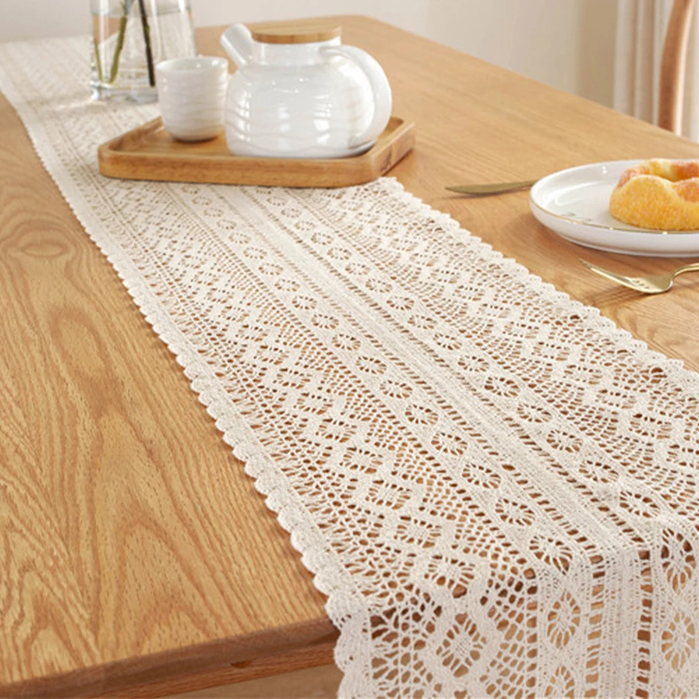 

Nordic Crochet Lace Table Runner with Tassel Cotton Wedding Decor Hollow Tablecloth Beige Romance Table Cover Coffee Bed Runners
