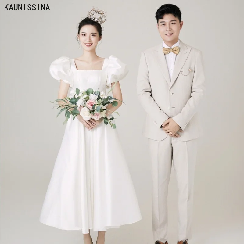 

KAUNISSINA Satin Wedding Dress Square Collar Simple White Vintage Bride Wedding Gowns Women Puff Sleeve A-Line Bridal Dresses