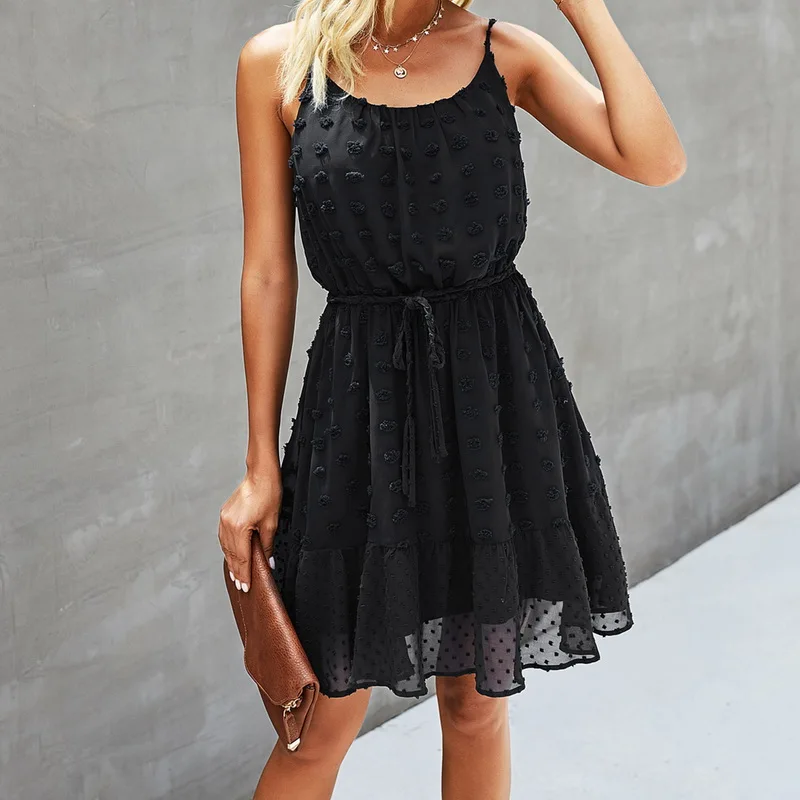 

SHUJIN Casual Solid Cotton High Waist Dress With Belt Hollow Stitching A-line Office Lady Dress Sleeveless Summer Woman Dress