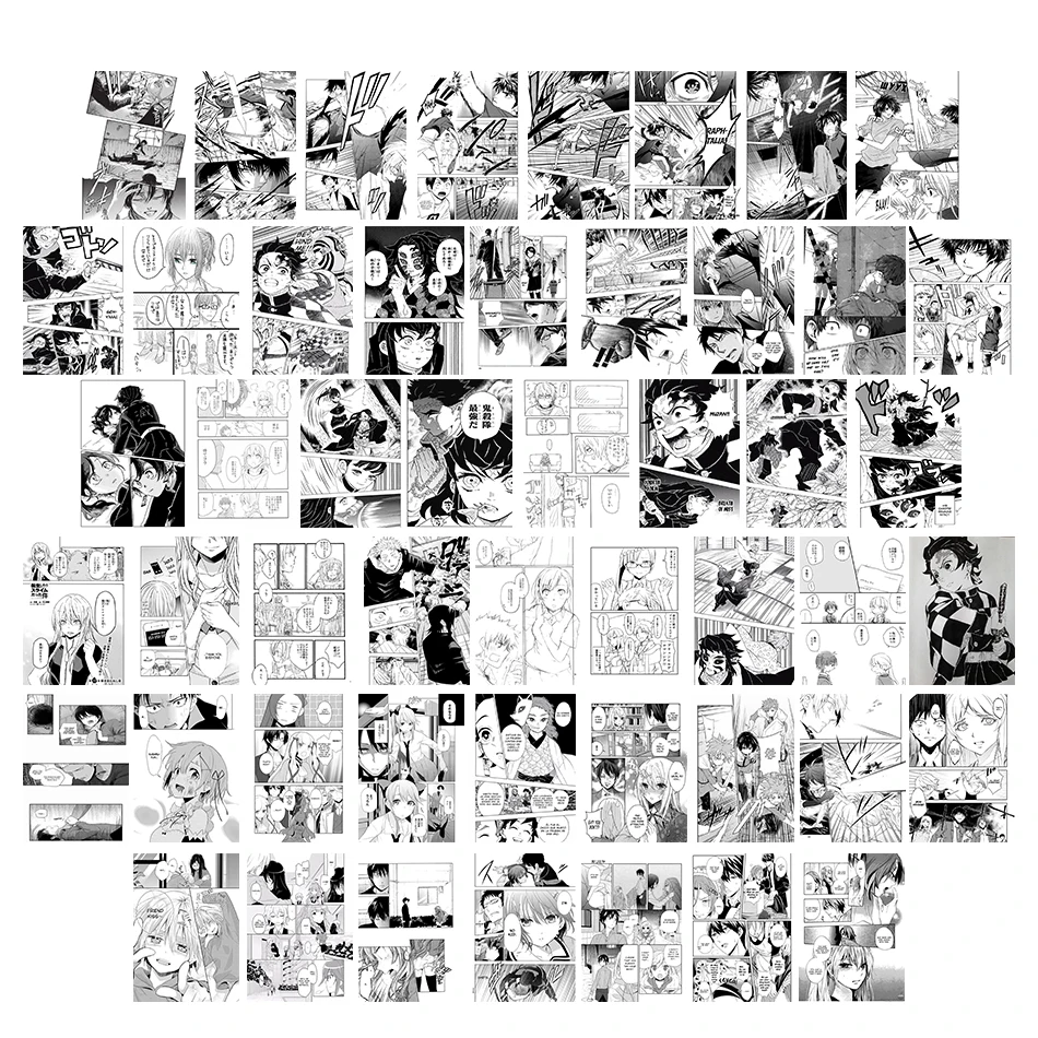 

50Pcs Hot Japanese Anime Black and White Manga Wall Collage Set Demon Slayer Haikyuu!! Postcard for Home Wall Art Decoration
