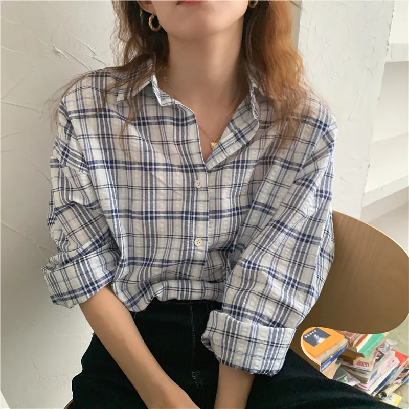 

BETHQUENOY Blusas Camisas Mujer Vintage Blue Plaid Shirts Women Autumn Ladies Tops 2021 Long Sleeve Cotton Blouses Chemise Femme