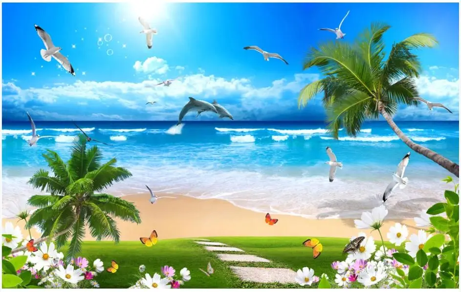 Настенные 3d обои для гостиной кокосовые волны и чайки на лужайке пляже домашний