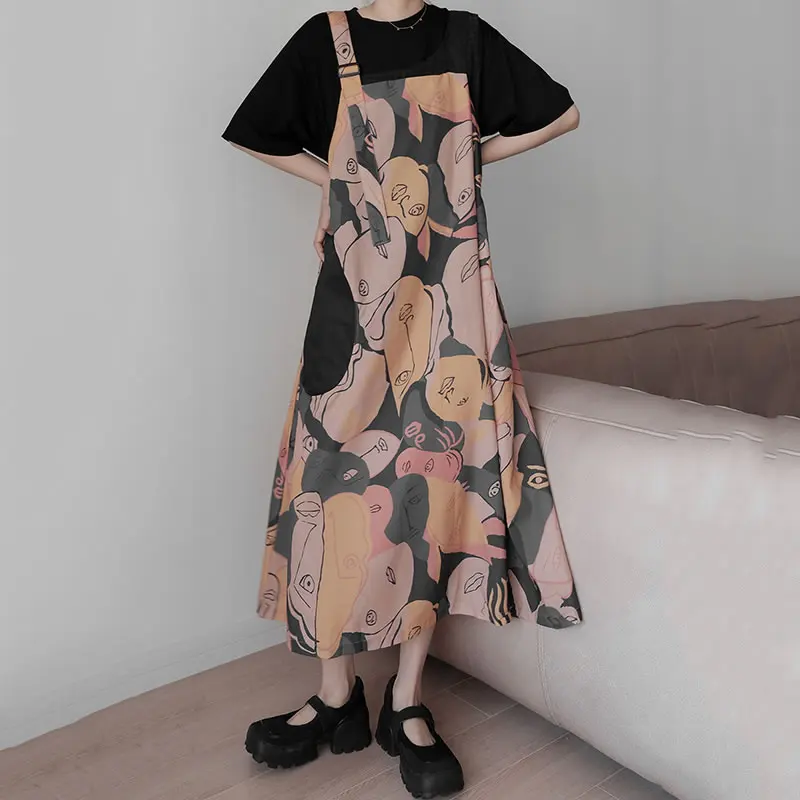 

XITAO Abstract Cartoon Print Suspenders Dress Summer New Fashion O-neck Collar Casual Loose Women 2021 Street Trendy ZY5647
