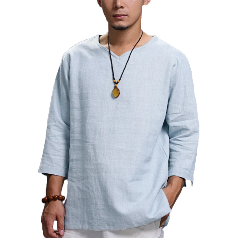 

Men Clothing 2021 Spring Summer New Chinese Long-sleeved Men's Shirt V-neck Loose Shirt Camisas Para Hombre