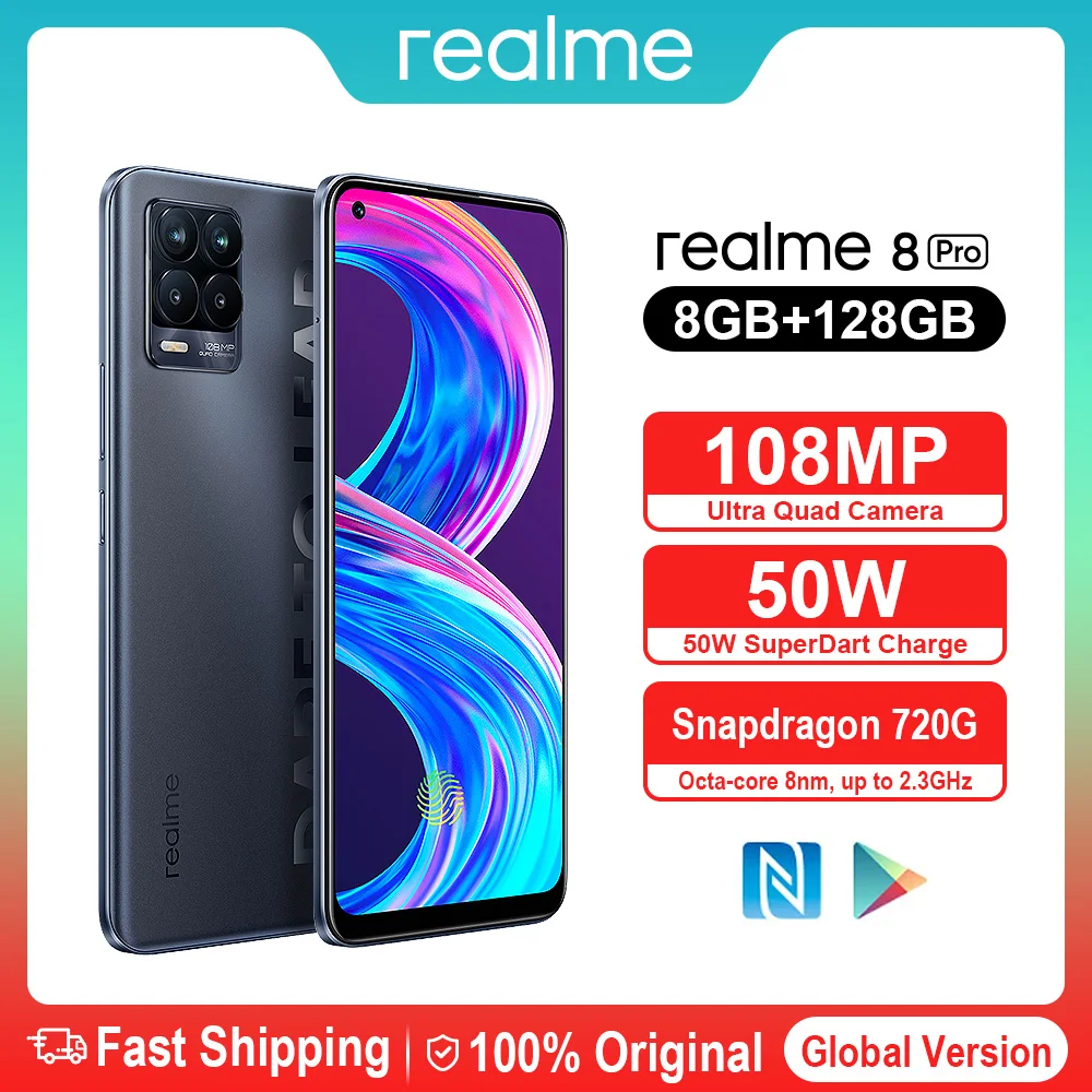 

Realme 8 Pro Smartphones 108MP Snapdragon 720G 8GB 128GB Android Smart Mobile Phones, 6.4 inch 50W 4500mAh Charge Cell Phones