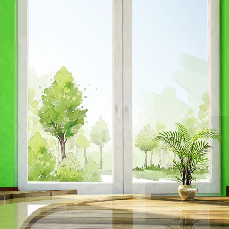 Статическая прозрачная стеклянная пленка размер на заказ узор с зеленым деревом