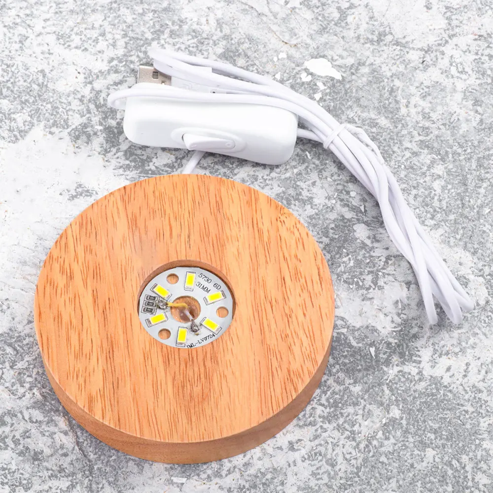 

Wooden LED Display Stand 3D Night Light Round Base Holder for Crystals Glass