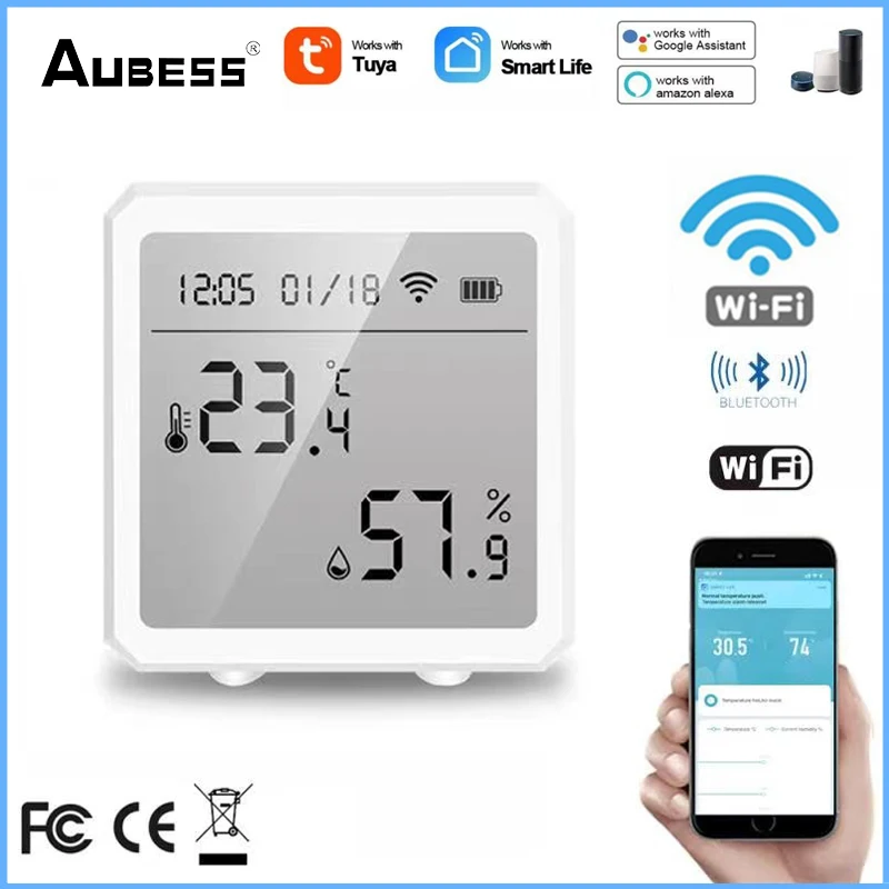 

Датчик температуры и влажности Aubess Tuya, умный комнатный гигрометр с Wi-Fi, термометр с ЖК-дисплеем, Alexa Google Assistant