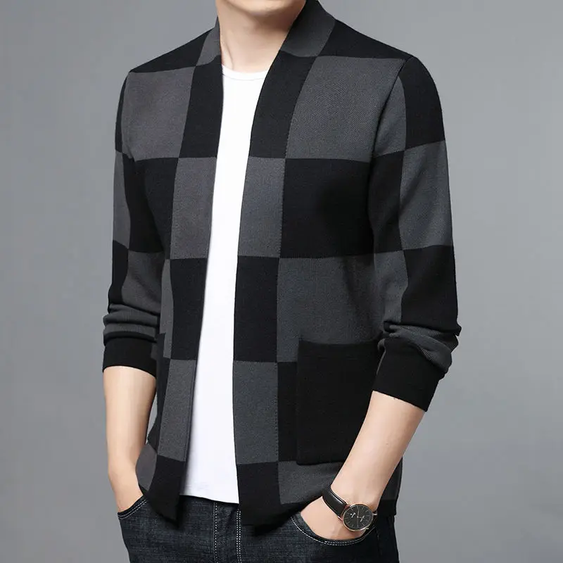 

Men 2022 Spring Autumn Fashion Cardigan Coats Male Pockets Knitted Jackets Men Casual Plaid Sweater Outwear W907
