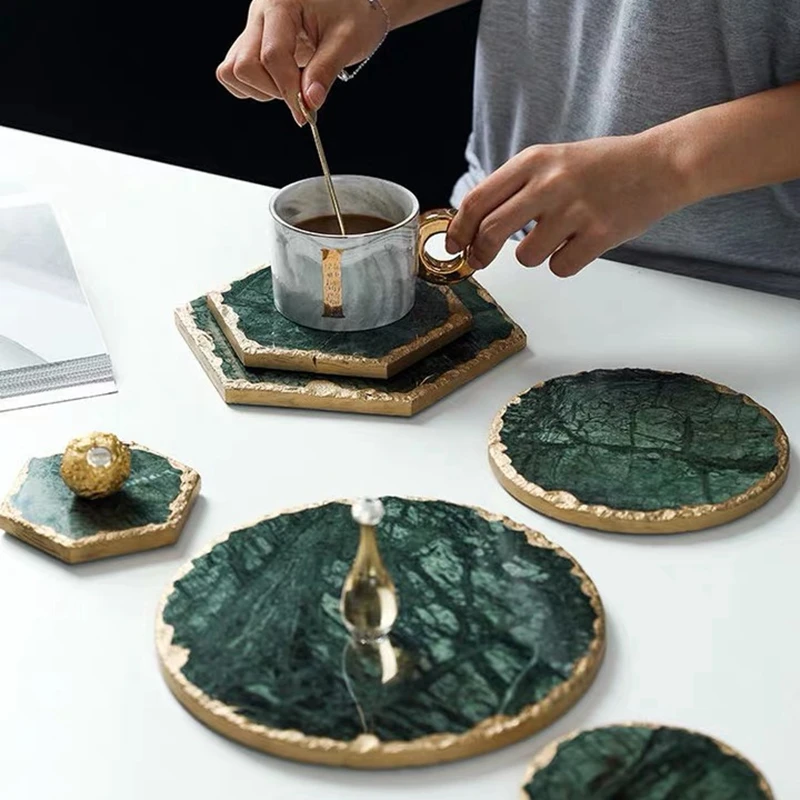 Posavasos de mármol Real Esmeralda antideslizante de lujo, tapete para taza, piedra verde con incrustaciones doradas, Decoración de mesa resistente al calor