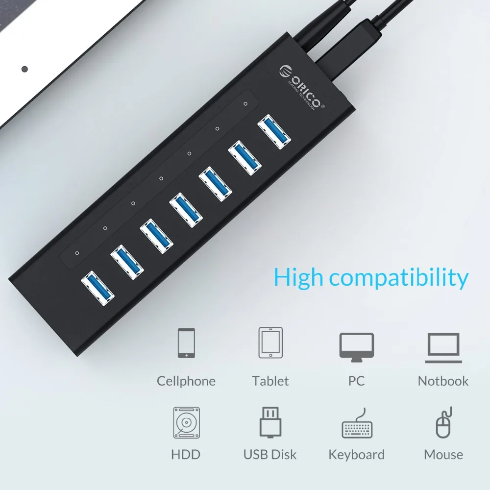 ORICO 7 портов USB 3 0 концентратор Поддержка порта BC1.2 зарядка с 12V адаптер питания