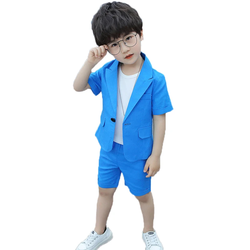 

School Student Short Sleeve Blazer+Shorts 2pcs Flower Boys Summer Formal Suit Kids Wedding Birthday Dress Children Clothing Set
