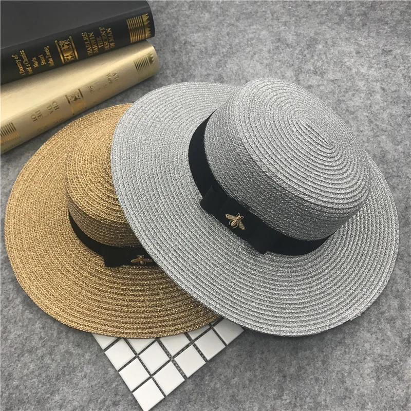 

Summer Women Boater Beach Hat Female Casual Panama Hat Lady Brand Classic Bee Straw Flat Sun Hat Women Fedora