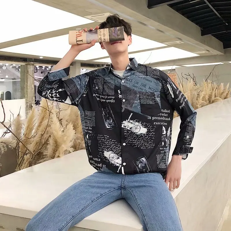 

Shirts Men Printed All-match Single Breasted New Trendy Mens Long Sleeve Turn-down Collar Korean Style High Quality Males Shirt