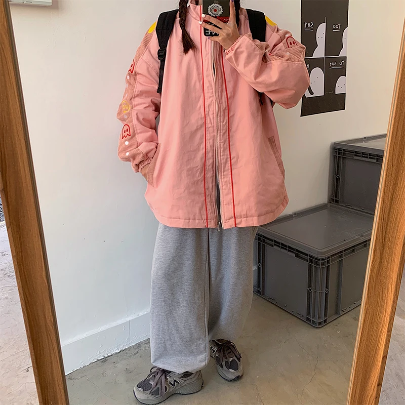 

2020 Autumn Couple's Jacket Coat Oversize Style Women Bomber Jacket Women Tops Chaqueta Mujer Winter Thick Coat Pink Casaco