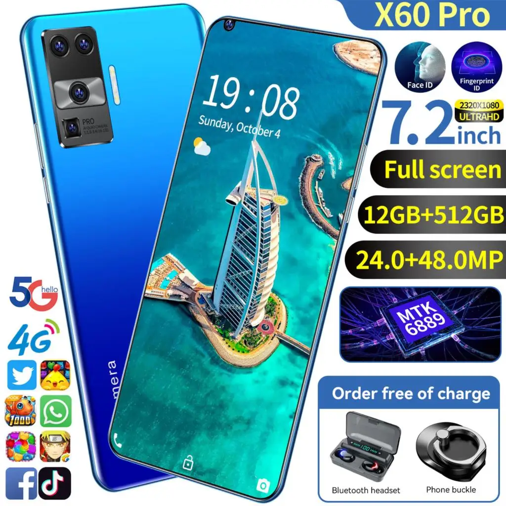 

X60 Pro Global Version Smartphone 7.2 Inch MTK6889 10-Core Android Smartphones Cellphones 5600mAh Large Capacity Mobile Phone