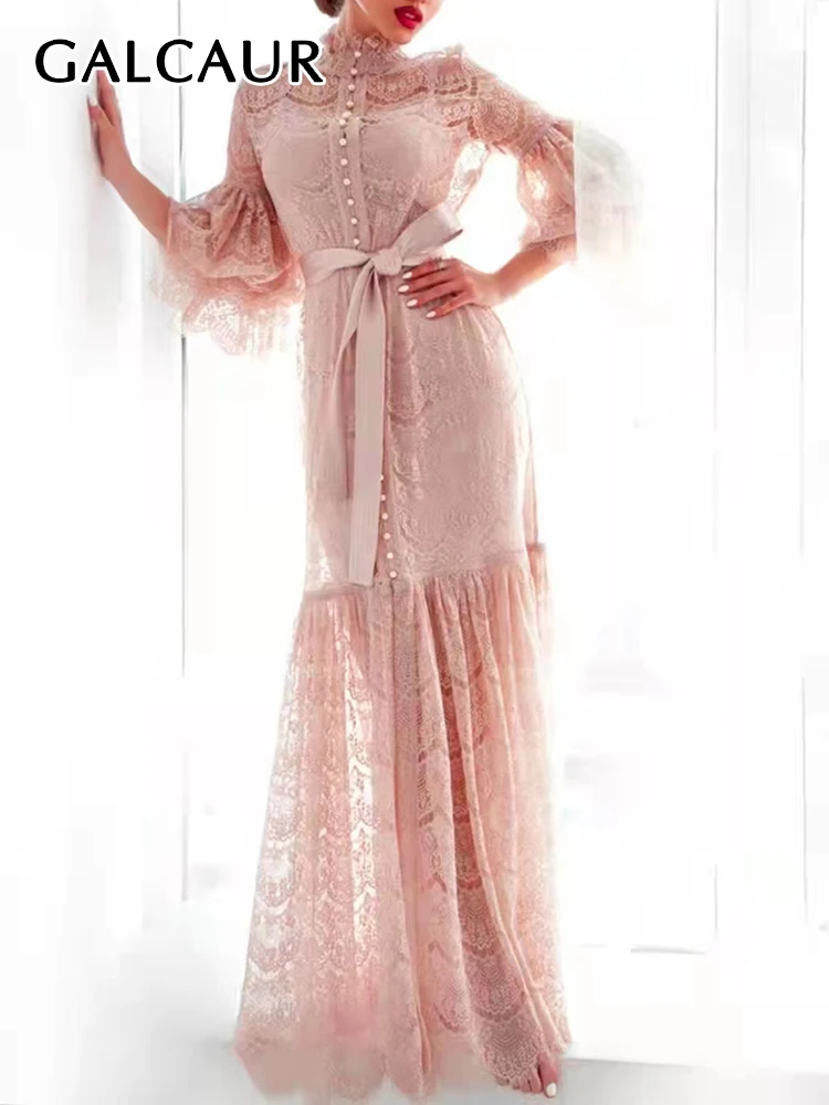 

GALCAUR High Waist Casual Dress For Women Stand Collar Patchwork Lace Loose Long Flare Sleeve Dresses Female 2022 Spring Style