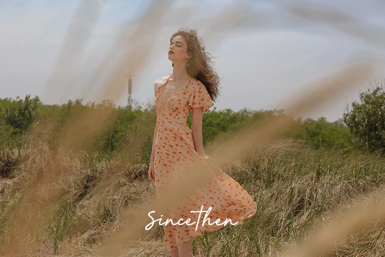 

Retro V-neck Waist Slimming Dress Holiday Orange Printed Fairy Skirt Summer