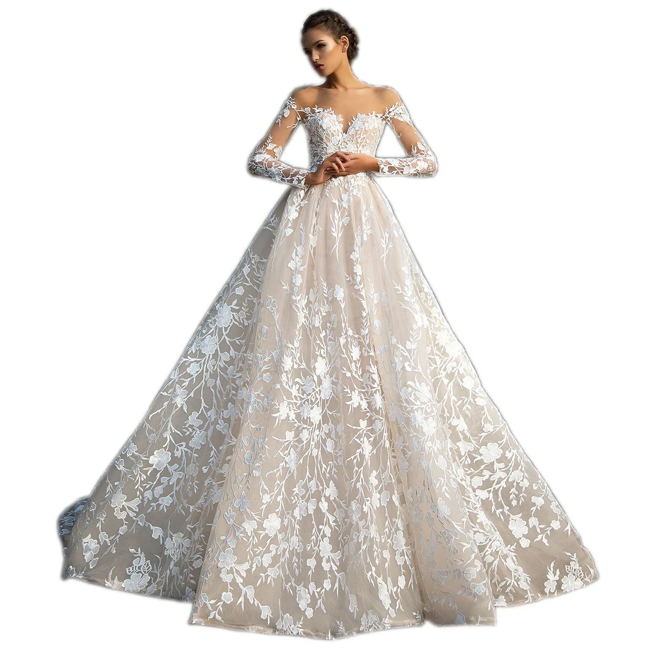 

Lace Wedding Dress Sweetheart Neck Long Sleeves Appliques White Backless Court Train Wedding Gowns Ball Gown Robe De Mariee