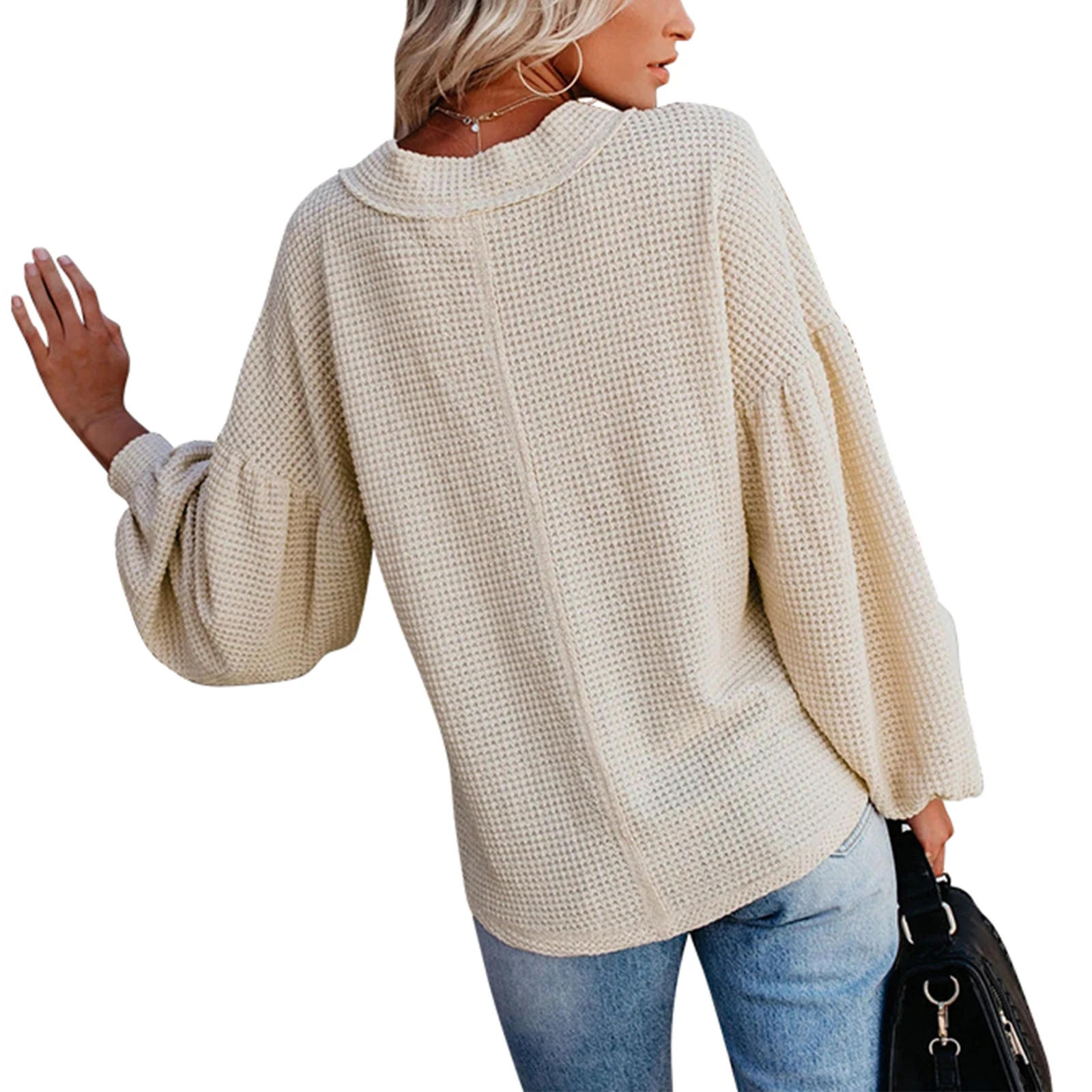 

2020 New Fashion Women Loose Sweaters Female V Neck Lantern Long Sleeve Solid Color Pullover Knitwear Tops for Daily Life