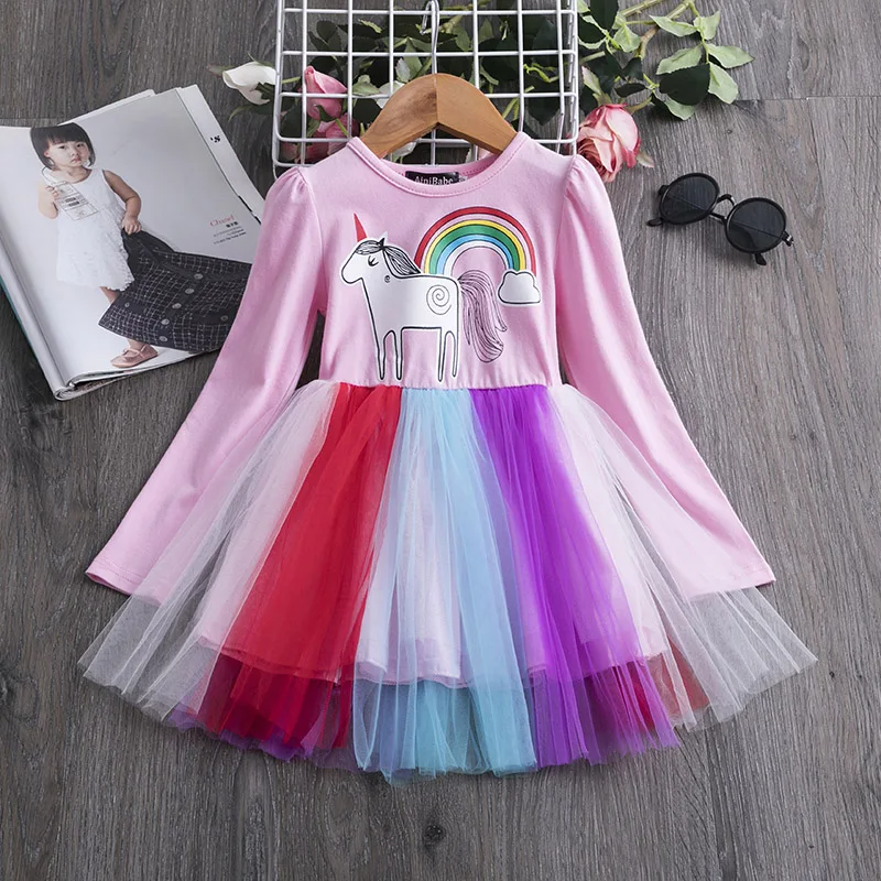 Pink Unicorn Girls Dress Winter Long Sleeves Casual Wear New Year Children's Clothing Daily School Home Clothes For 3-8Yrs | Детская