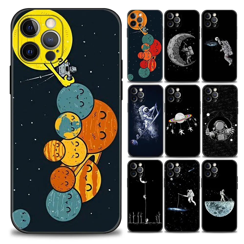 

Cute Cartoon Funny Spaceman Black Phone Case for iPhone 11 12 13 14 Pro Plus 7 8 SE XR XS Max 6 6s Plus Soft Silicon TPU