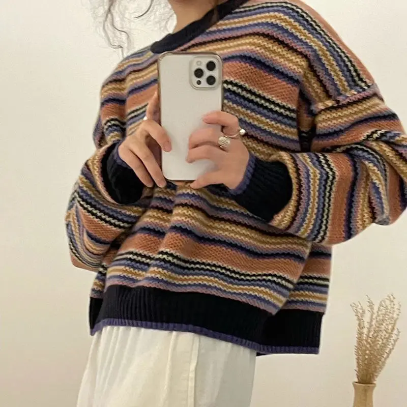 

Women's Winter Cardigan Color Stitching Stripe Round Neck Hit Pullover Fashion Loose Casual Thickening Short Sweater Top